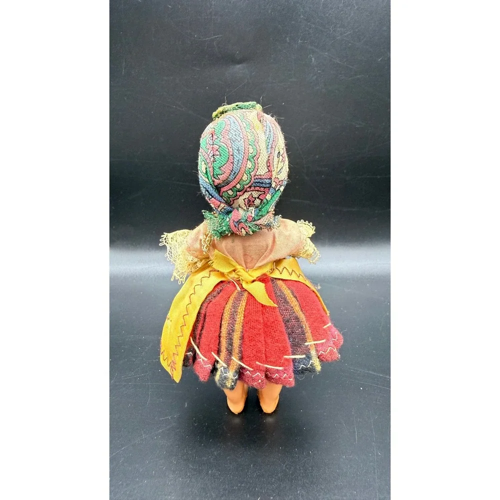 Vintage Souvenir Doll Traditional Portugal Costume Sleep Eyes Yellow Apron Plaid